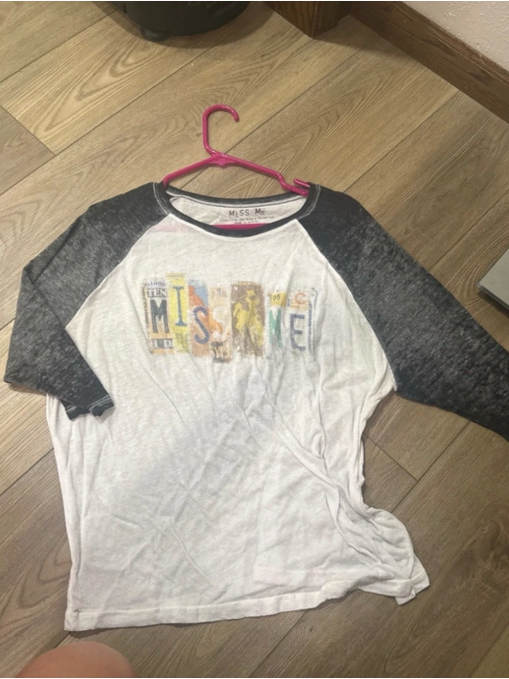 Miss Me White Raglan Tee with Dark Gray Sleeves and Multicolor Logo